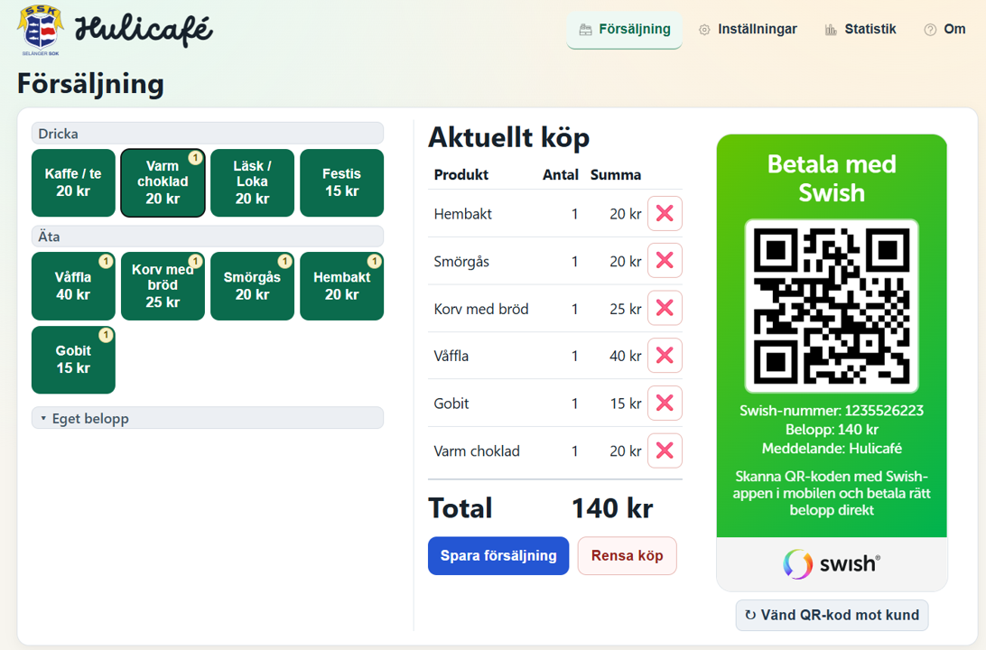 KioskApp i försäljningsläget med produkter, aktuellt köp och Swish-QR