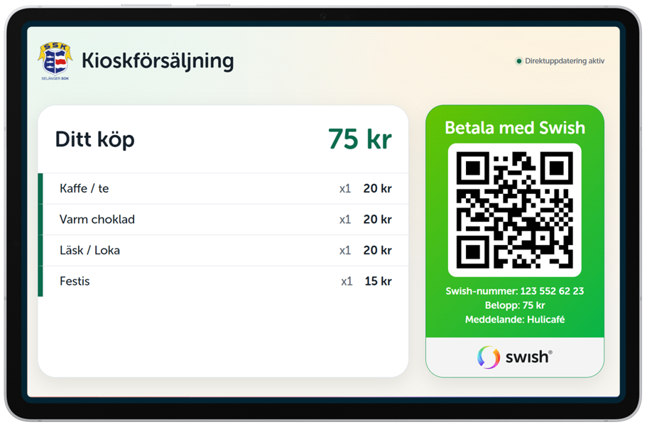 Kundskärm på surfplatta med aktuellt köp, totalsumma och Swish-QR