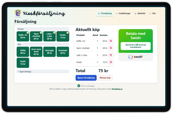 KioskApps försäljningsvy på surfplatta med knappen Generera QR-kod på kundskärm