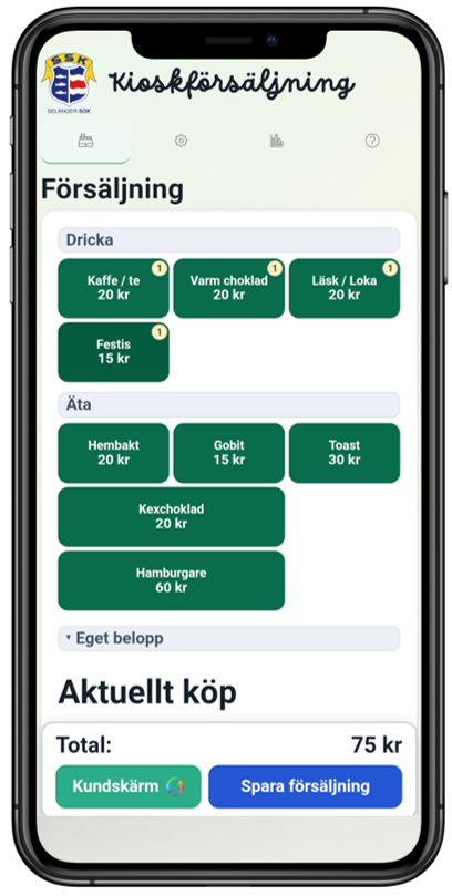 KioskApps försäljningsvy på mobil med kundskärmsfunktion